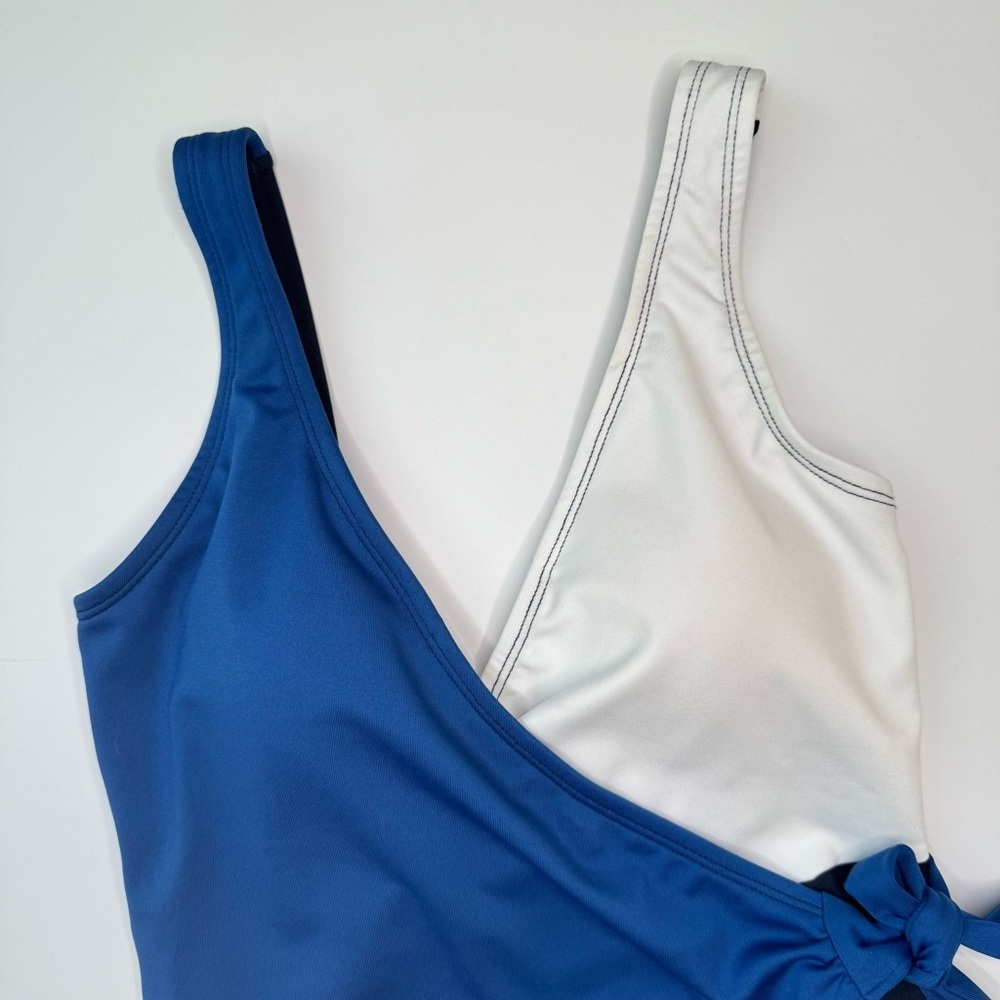 NWT DOLPHIN Aquashape Wrap Front One Piece Swimsuit Navy Capri Blue Size 8 - Picture 5 of 16